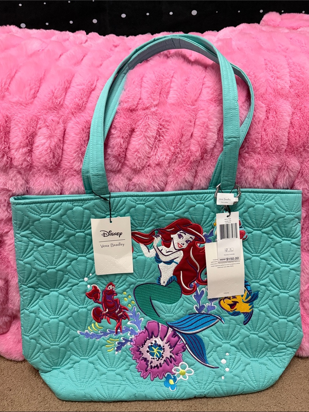 Vera Bradley Aqua Quilted Tote with Ariel Embroidery